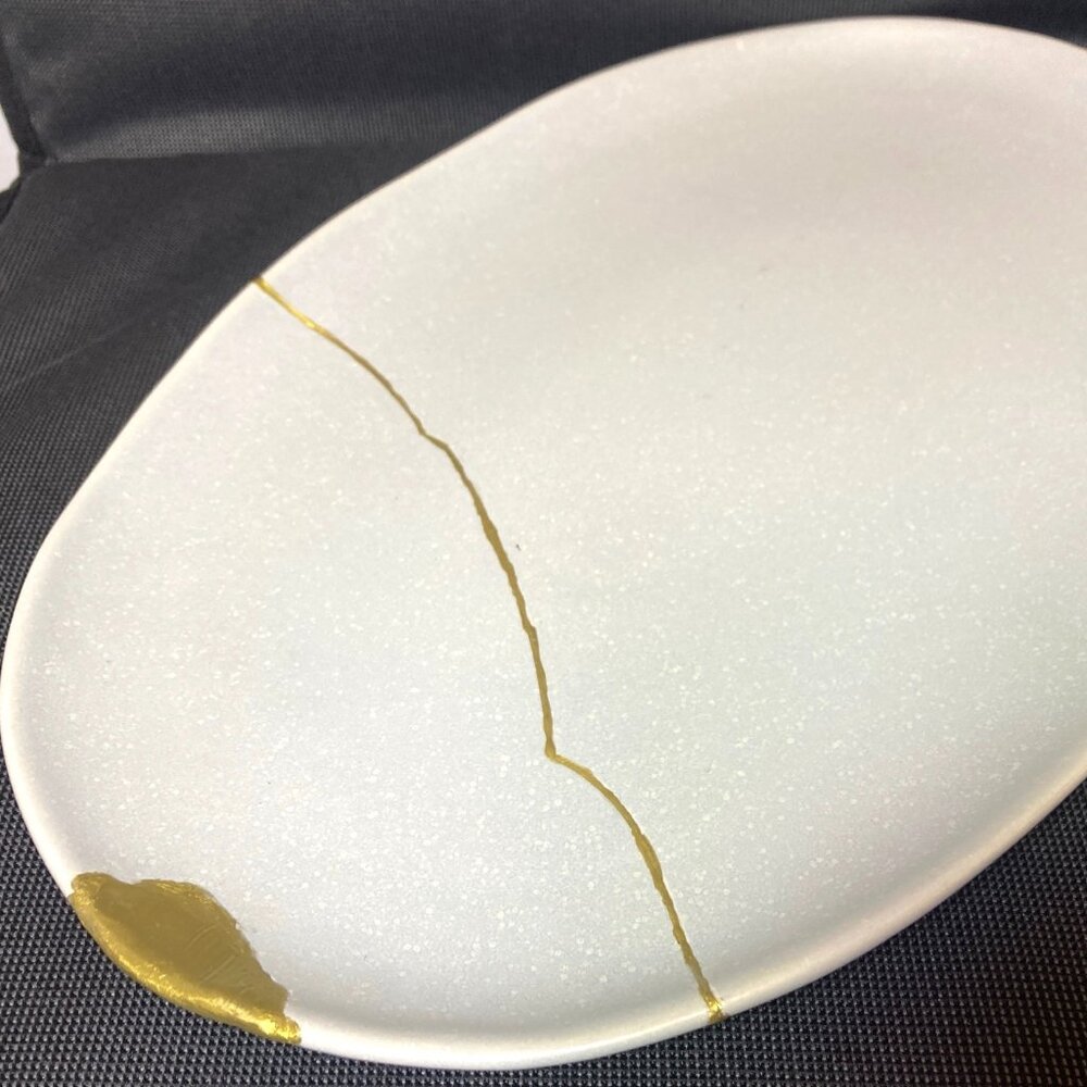 KINTSUGI WABI SABI OAKE GRAY CERAMIC SERVING PLATTER GOLD 15.24"x10.12 HAND MADE
